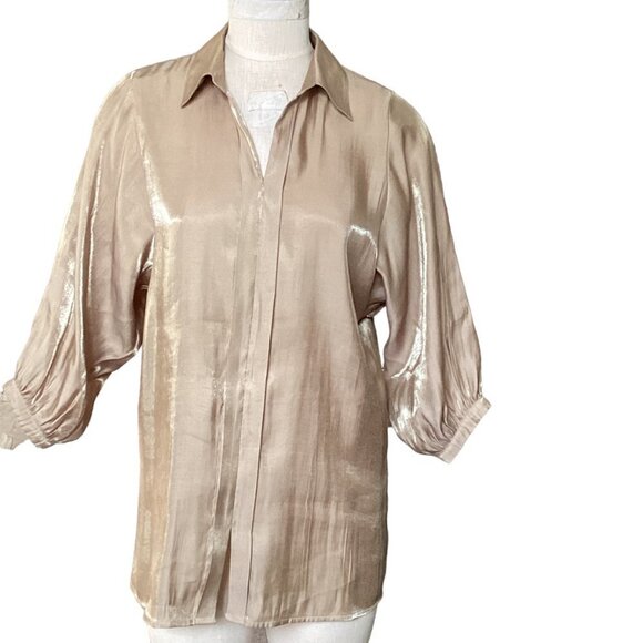 Chico's Gold Shimmer Tunic Top Sz 0 (S/4) Balloon Sleeve Collared 200M - Picture 2 of 7
